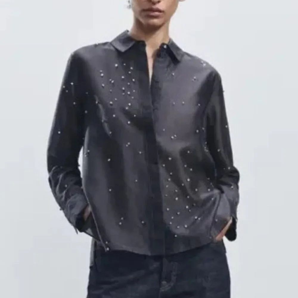 Zara Womens Button Up Shirt Top XS Dark Grey Rhinestone Jewel 4786/257/922 NWT